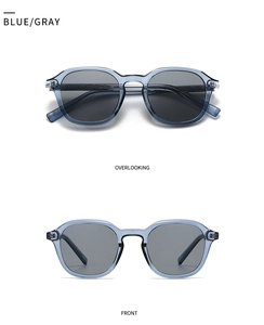 Detail view of translucent blue frame sunglasses with gray lenses and inner temple texture