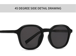 Detailed 45-degree side view of vintage black square sunglasses with dark grey lenses