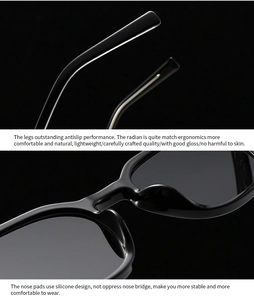 Detailed macro view of ergonomic silicone nose pads and glossy temples on black sunglasses