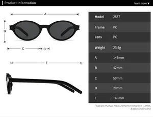 Size chart for model 2537 oval sunglasses showing frame dimensions and PC material specs