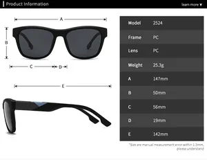 Guía de tallas detallada para gafas de sol polarizadas cuadradas con medidas