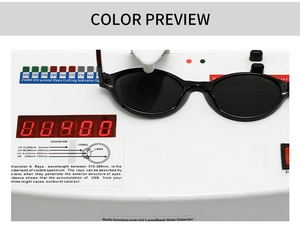 UV400 protection test showing black oval sunglasses blocking ultraviolet rays on sensor