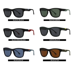 Cuadrícula detallada de seis gafas de sol polarizadas cuadradas en negro mate y colores