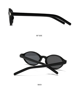 Detail view of oval black sunglasses frames from side and back angles in high definition