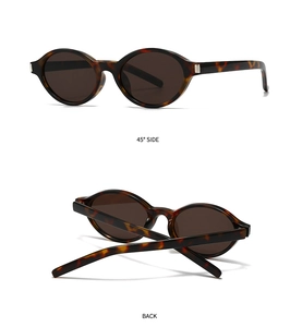 Detail views of tortoise shell oval sunglasses showing 45-degree and back angles