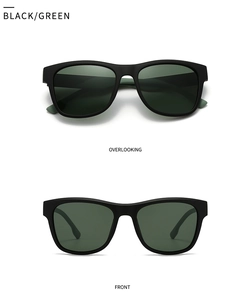 Gafas de sol cuadradas negras con lentes polarizadas verde oscuro vistas desde dos ángulos