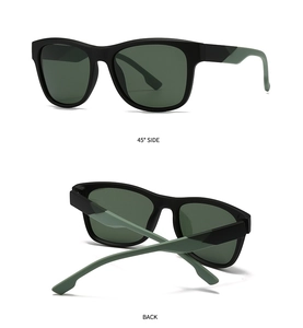 Detalle de gafas de sol polarizadas cuadradas que muestra el lateral a 45° y la parte trasera
