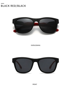 Gafas de sol cuadradas negras con patillas rojas en vistas superior y frontal