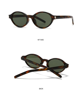 Detail view showing 45-degree side profile and back of oval tortoiseshell sunglasses