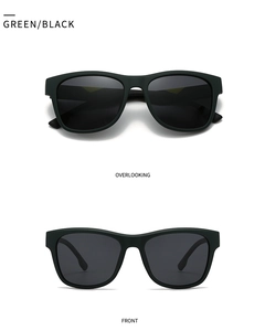 Detalle de las gafas de sol cuadradas mate en verde y negro con lentes de color gris