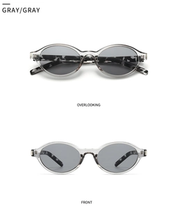 Detail view of oval sunglasses with translucent gray frames and tortoiseshell temples