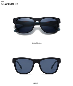 Vistas detalladas de las gafas de sol polarizadas cuadradas clásicas en negro y azul