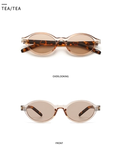 Detail view of oval tea-colored sunglasses with tortoiseshell temples and metal hinges