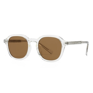 Modern retro square sunglasses with transparent frames and brown lenses in 45-degree view