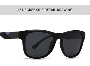 Detalle lateral de 45 grados de gafas de sol cuadradas en negro mate con detalles en azul