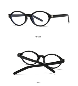 Detailed 45-degree and back view of oval sunglasses with metallic hinge accents