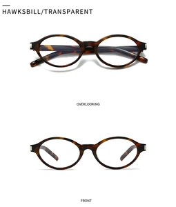 Detailed front and overhead views of oval tortoiseshell glasses with clear lenses