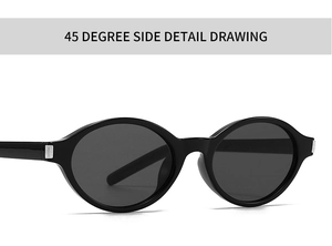 Detailed 45-degree side view of oval sunglasses with silver metal temple accents