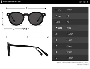 Detailed size chart for retro sunglasses showing frame dimensions and PC material specs