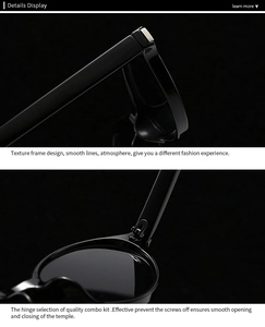 Detail view of the metal hinges and smooth black frame on classic oval sunglasses