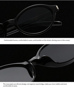 Close-up of smooth integrated nose pads and CE mark on black oval sunglasses