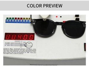 Detail showing UV400 protection test for retro acrylic full-frame fashion sunglasses