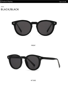 Front and side view of classic black round polarized sunglasses with silver rivets