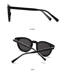 Side and back view of retro black round frame sunglasses with thick glossy frames