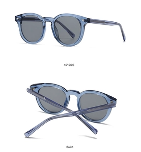 Detail view of transparent blue Boston round frame sunglasses with diamond silver rivets