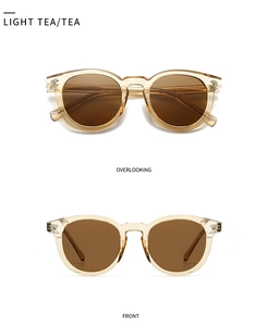 Detail view of round light tea sunglasses showing front and overlooking angles