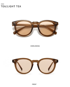 Front and top views of retro tea-colored round sunglasses with diamond metal rivets
