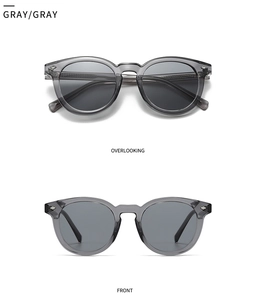 Close-up of retro grey translucent sunglasses with dual front and overlooking perspectives