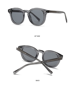 Detailed views of gray transparent round sunglasses with silver metal temple accents
