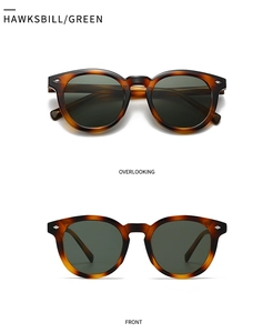 Retro hawksbill round sunglasses with green lenses shown from front and top views