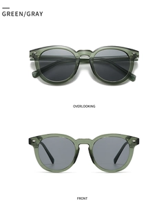 Front and top view of retro round olive green sunglasses with grey lenses and metal details