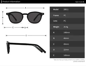 Detailed size chart for retro square sunglasses with frame dimensions and specifications