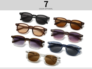 Detailed collection of retro sunglasses showing seven distinct color frames and lenses
