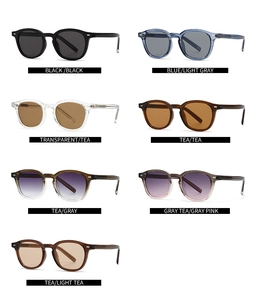 Detailed grid view showcasing seven retro round sunglasses in various frame and lens colors