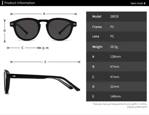 Detailed size chart for retro round sunglasses showing frame dimensions and PC material