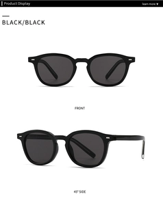 Front and 45-degree side views of classic black square sunglasses with metallic temple accents