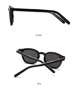 Detail view of black full-frame sunglasses showing 90-degree side profile and back hinge