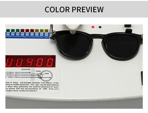 UV400 testing display for retro black rectangular sunglasses with dark lenses