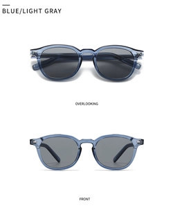 Front and top view of retro round sunglasses with transparent blue frames and gray lenses