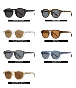 Detailed grid showing seven color variations of vintage round sunglasses with metal rivets