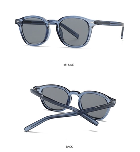 Detail view of transparent blue sunglasses with grey lenses and metal hinges