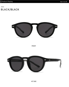 Front and side view of classic black round sunglasses with rectangular metal rivets