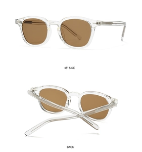 Retro clear sunglasses with brown lenses showing 45-degree side and folded back views