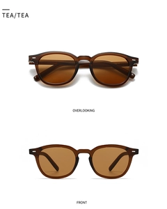 Detailed front and top view of vintage tea-colored acetate sunglasses with tea lenses