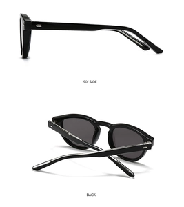 Detail view of classic black sunglasses showing 90-degree side and back folding angles