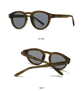 Detail view showing the 45-degree side and back of retro acetate sunglasses with patterns